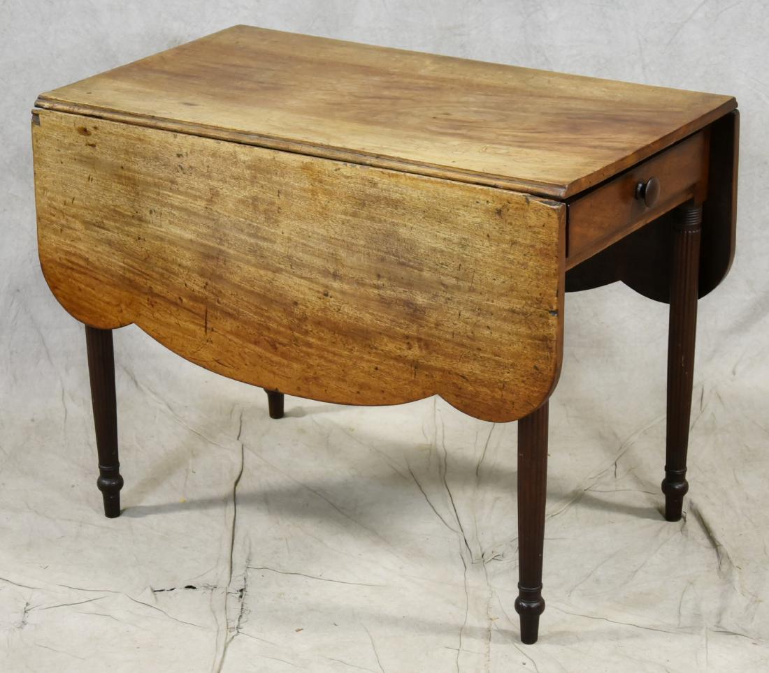 Mahogany Sheraton drop leaf breakfast table: Mahogany Sheraton drop leaf breakfast table with scalloped leaves, drawer on end, 36"l x 20"w x 14-1/4"leaves, probably Delaware Valley