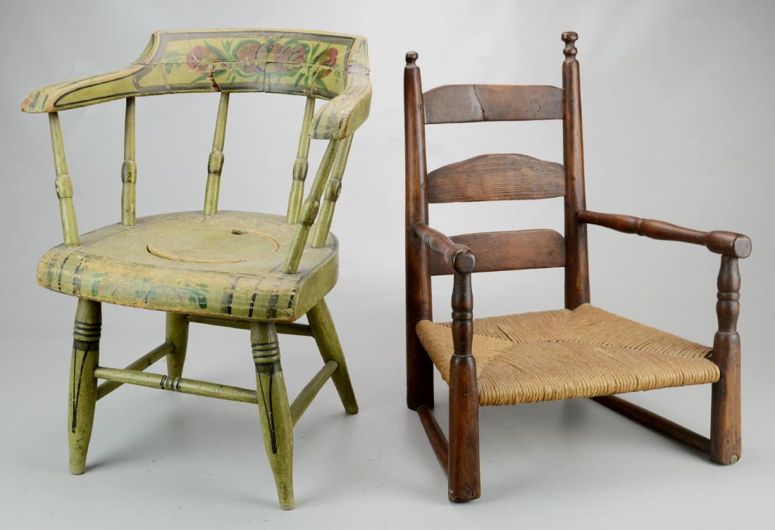 Child size ladderback armchair, barrel back child's: Child size ladderback armchair, reduced legs, barrel back child's potty chair in original paint, 18"h, second 18-1/2"h