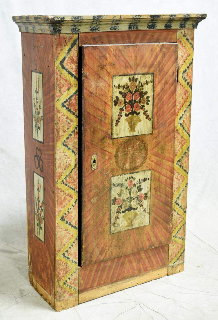 Pine paint decorated Scandinavian wardrobe, 19th c: Pine paint decorated Scandinavian wardrobe, floral urn decoration on sides & door, grain painted, interior shelving, 68"h x 43"w x 19"d