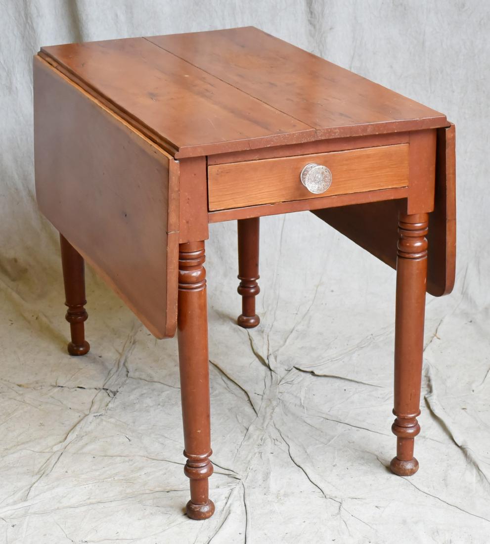 Cherry Sheraton drop leaf table, 19th c: Cherry Sheraton drop leaf table, 2-board top, dovetailed drawer at one end, 29-1/2"h x 48"w (open), 38"d, 19th c