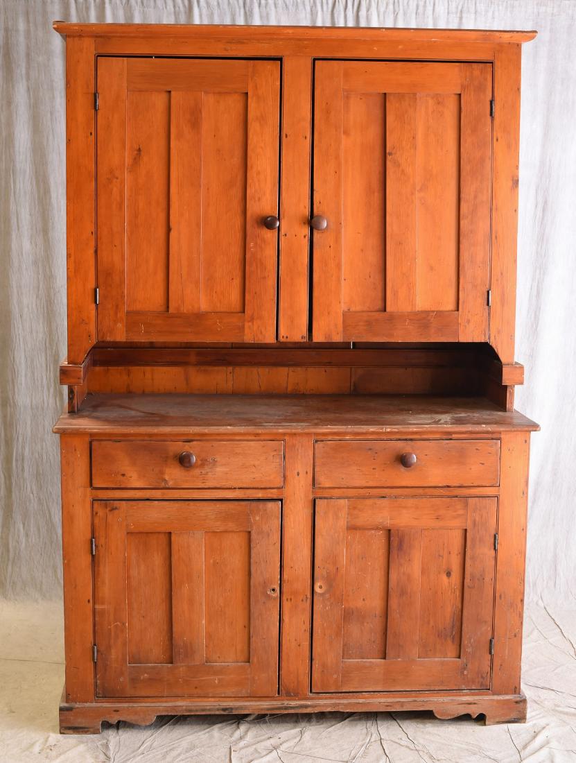 Pine oversized server and china cupboard: Pine oversized server and china cupboard, (2) pieces, 97"h x 62"w x 29"d, top piece has (2) doors, (3) interior shelves, bottom piece has (2) dovetailed drawers over (2) doors with (2) interior shelve