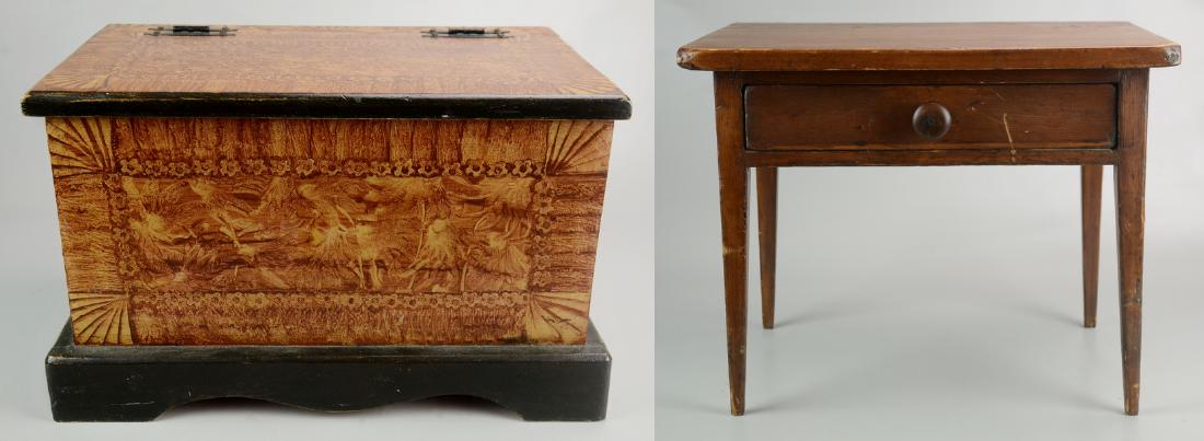 Reproduction paint decorated chest, 18" w, Pine: Reproduction paint decorated chest, lift lid, 18-1/2" w x 11-1/2" d x 11-1/4" h, with a pine Hepplewhite 1 drawer stand, 18-1/2" w x 13-3/8" d x 14-5/8" h