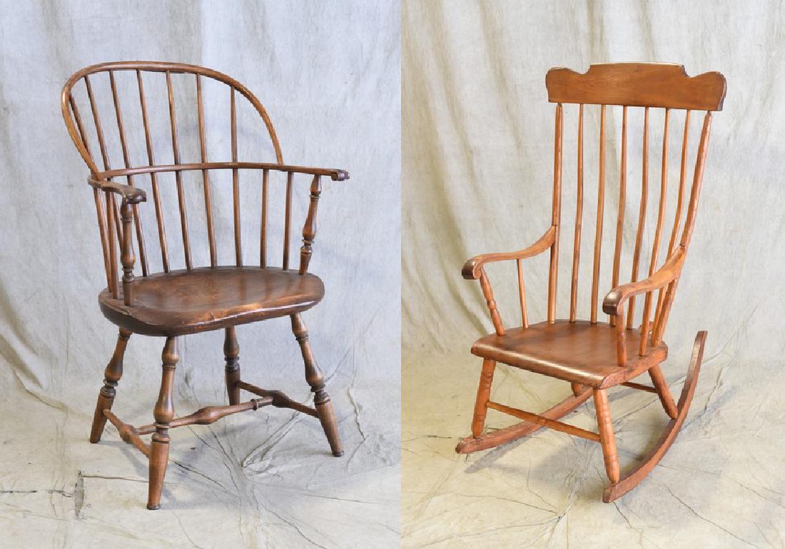 Windsor sackback armchair, 18th c, spindle back rocking: Windsor sackback armchair, 18th c, repair to top of bow, 36" h; with a spindle back rocking chair, 46" h, 19th c