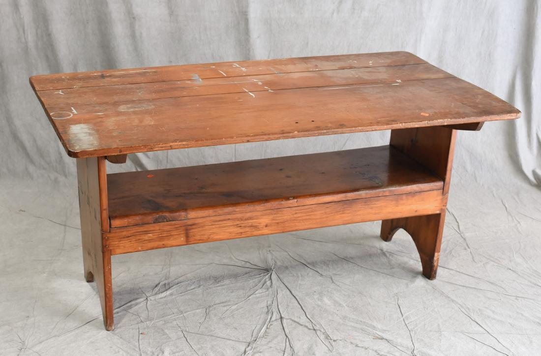 Pine solid end bench table, seat mortised-through, 19th: Pine solid end bench table, seat mortised-through, 19th c, 30"h x 63"w x 33"d, refinished, crack on one brace
