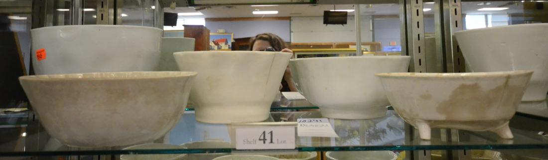 Shelf #41 - (5) Ironstone Molds: Shelf #41 - (5) Ironstone molds, (2) floral, (1) footed wheat, unmarked, all with staining, cracks, chips, largest 6" h