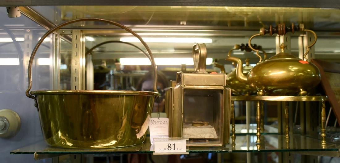 Shelf #81 - (4) Pcs. Brass: Shelf #81 - (4) Pcs. of brass c/o iron bail handled pot, teapot, trivet and brass and glass oil lantern, largest 13" h x 12" dia.