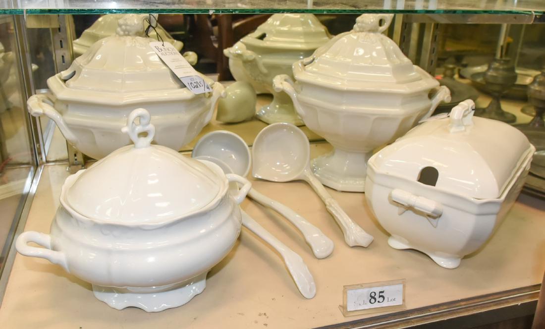 Shelf #85 -(4) Ironstone Covered Tureens: Shelf #85 - (4) Ironstone covered tureens (one pair), 12" h x 11" dia., (3) with ladles, one tureen marked "John Maddock & Sons England" w/spider and stain