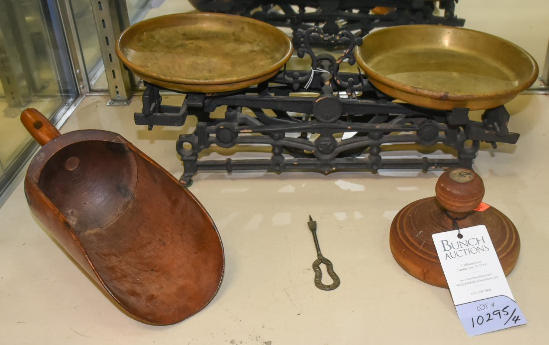 Shelf #95 - (4) Pcs.: Butter Press, Scoop, Scale,: Shelf #95 - (4) Pcs. c/o eagle butter press, wooden scoop, scale with 2 brass trays, and Goshen Dairy Company milk bottle opener