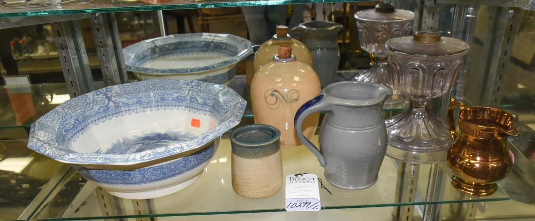 Shelf #99 - (6) Pcs. Pottery & Porcelain: Shelf #99 - (6) Misc. pcs c/o Missouri transferware bowl w/spider cracks, Eldreth stoneware pitcher, stoneware jug, pottery pot, copper lustre pitcher and amethyst glass oil lamp base, largest 14" dia