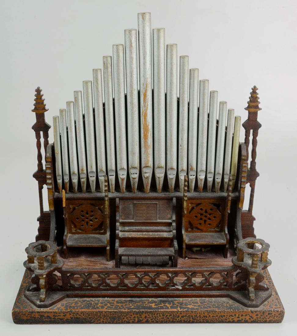 Miniature Wood Church Organ: Miniature handmade wood church pipe organ model, 12-7/8" h x 12-1/4" w x 5-1/2" d, missing piece off one bench, some paint wear on pipes