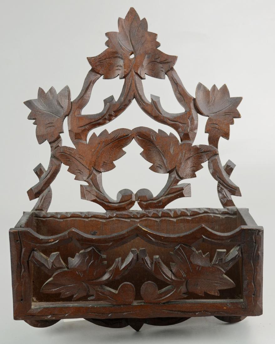 Carved walnut Victorian wall box, 11" w: Carved walnut Victorian wall box, leaves & vine design, 16" h x 11" w x 4" d