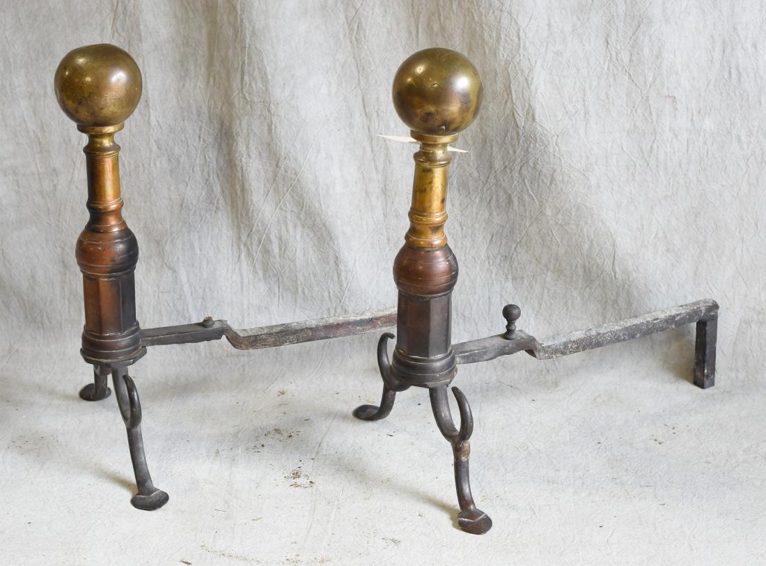 Pair brass American Empire ball top andirons: Pair brass American Empire ball top andirons, with spurred legs, and penny feet, 19"h