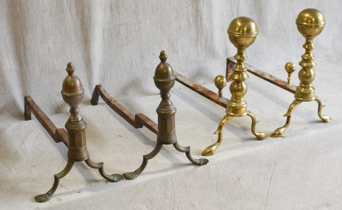 (2) pair andirons: (2) pair andirons, one with ball top and other with lemon top and penny feet, 13"h, and 16"h