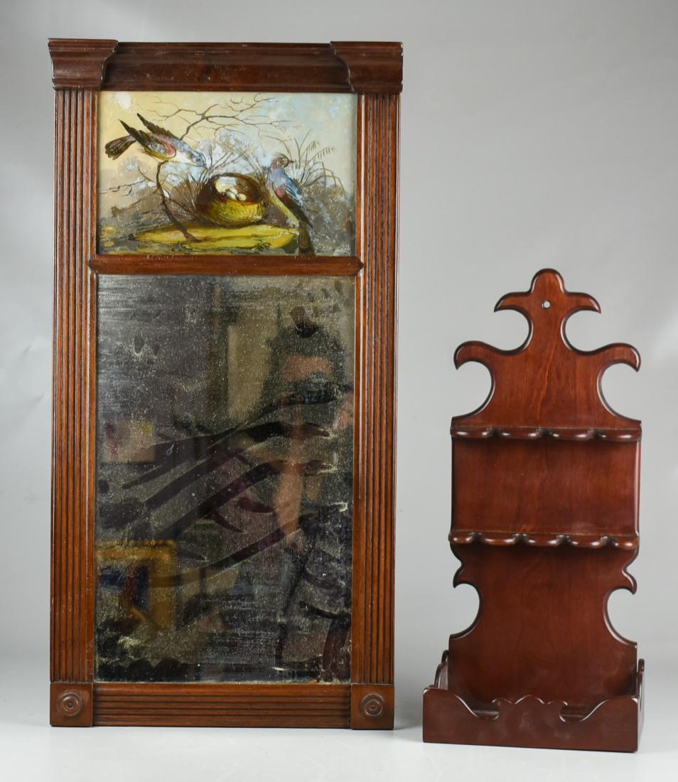 Mirror and Wood Spoon Rack: Mirror with reeded pillar design, handpainted bird decoration, 28" h x 14" w, and a new wooden spoon rack