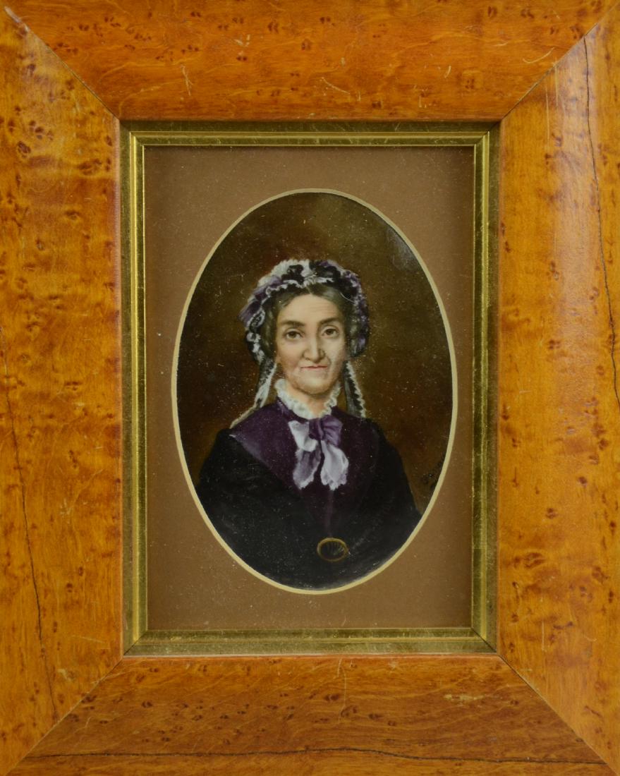 Painting on Porcelain of 18th C Lady: Painting on porcelain of 18th C lady, porcelain in bird's eye maple frame, 5" x 3-1/2", framed 9-1/2" x 7-1/2"