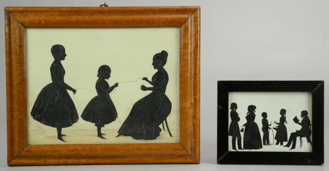 (2) Family Silhouettes: (2) Silhouettes, one of mother and daughter sewing, one of a family w/children, largest cut and bronzed in bird's eye maple frame, 10" x 7-1/2" sight, framed 10-1/2" x 13"