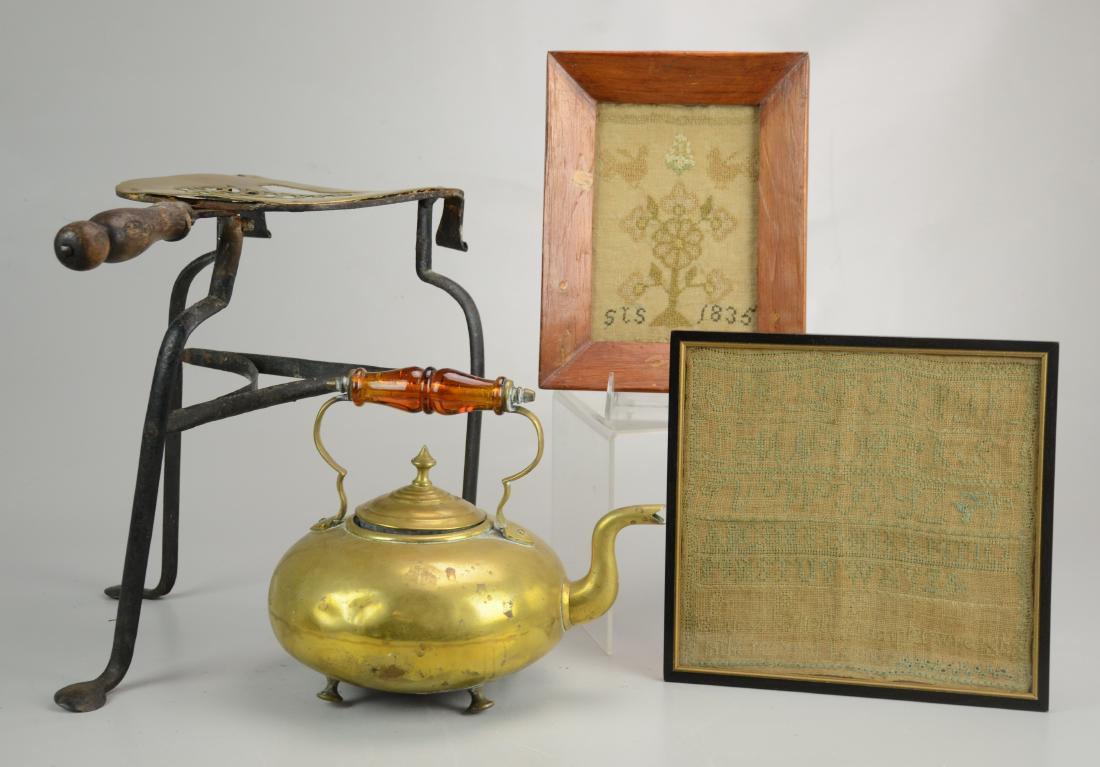 (2) Samplers, (2) Pcs. Brass: (2) Small samplers, one bird and floral, "SJS 1835", the other alphabet sampler "Lucy Enott 12 Years of Age"; brass and cast iron tripod trivet and amber handled teapot, largest 12" h x 13" w