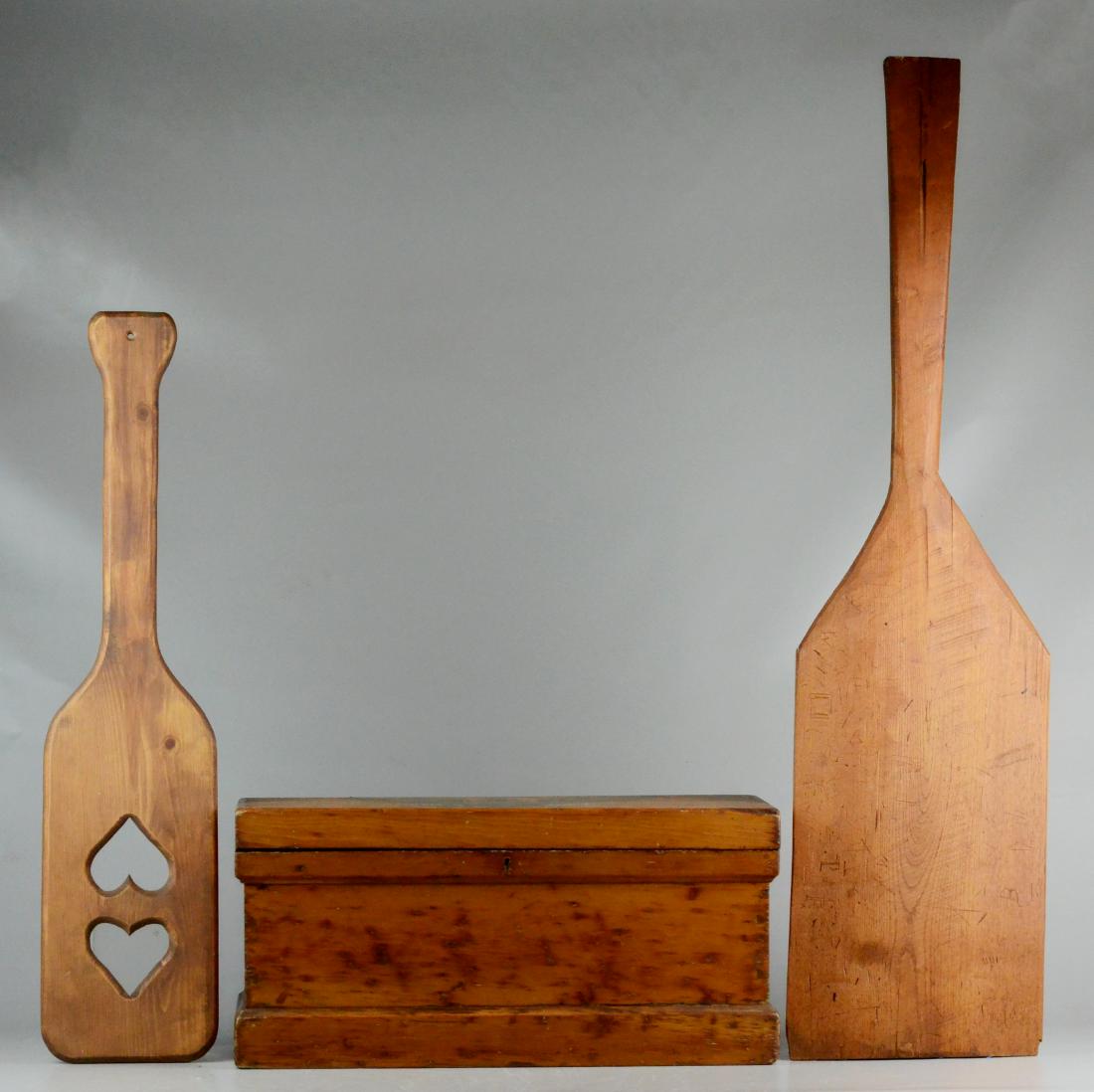 Pine Tool Box, (2) Cricket Bats: Pine dovetailed tool box with large eagle decal on lid, (2) cricket bats, largest 40" long