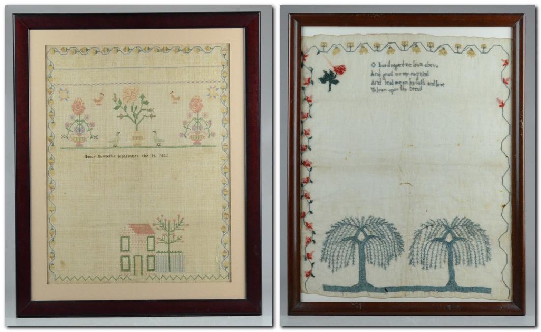 (2) Needlework Samplers: (2) Needlework samplers, one by "Nancy Burroughs September 12 1825", the other with prayer and willow trees, both unfinished, largest 26-1/2" x 21-1/2"