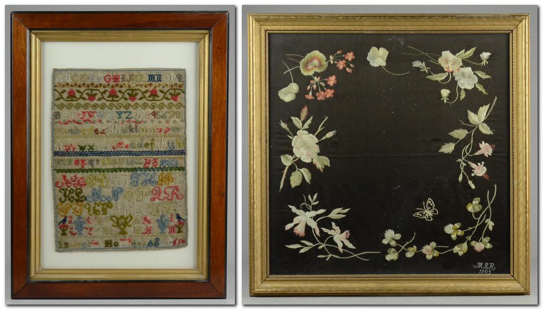 Needlework Picture and Sampler: (2) Pcs. needlework: One needlepoint sampler by "Isabelle Ho??er 1883" (dye damage, missing letters), and one an embroidered picture with floral border on black background, largest framed 21" x 21"