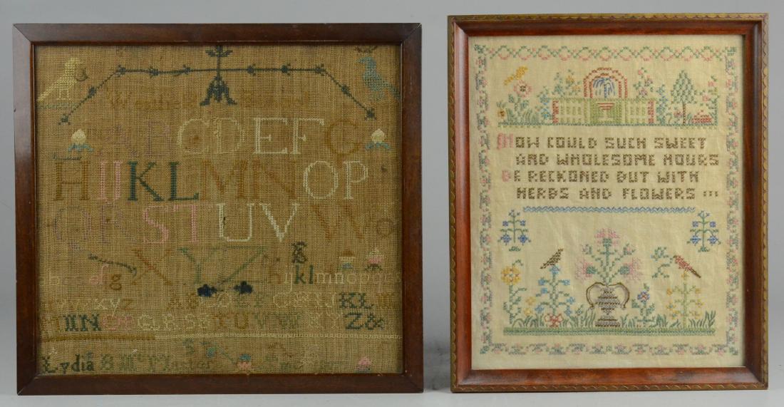 (2) Needlework Samplers: (2) Needlework samplers, one with garden and verse, and a Westfield School alphabet sampler by "Lydia B. McMaster 1807" (some fading), largest framed 13" x 14"