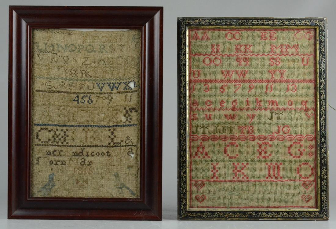 (2) Needlework Alphabet Samplers: (2) Needlework alphabet samplers, one by "Maggie Tulloch 1886" (minor stain spots), one by "Anex Endicoot 1816" (with holes), largest framed 14-1/4" x 10-1/2"