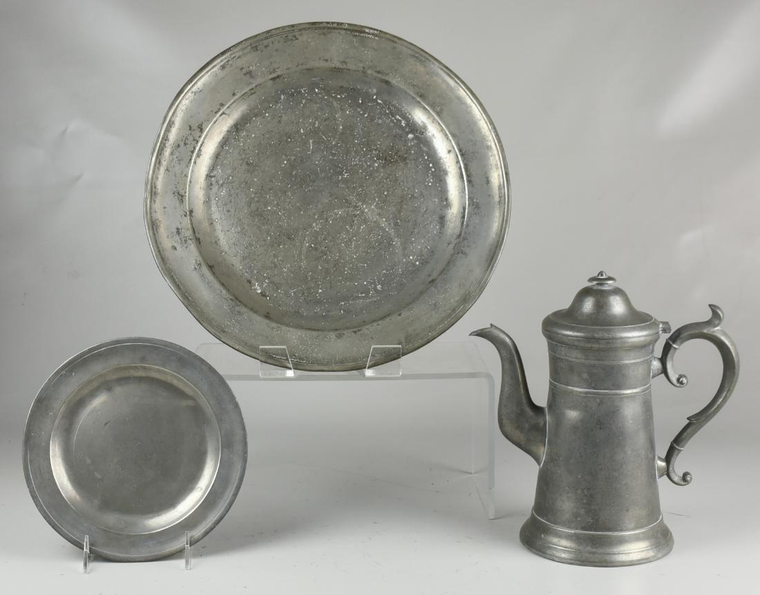 (3) Pcs. Pewter: (3) Pcs. pewter c/o Rufus Dunham pewter coffee pot, Portland, ME, c. 1840, pewter server and small pewter plate, largest 11"h