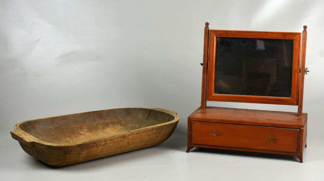 Pine Shaving Mirror, Wooden Trencher: Pine shaving mirror with bracket fit, missing brass pull, 16"h x 14"w x 7"d, with wooden trencher with crack on one handle