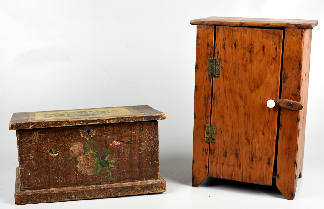(2) Miniature Pcs.: Cupboard and Chest: Miniature 1-door cupboard and a lift lid decoupaged chest, largest 14-1/2"h x 8-1/2"w x 7"d
