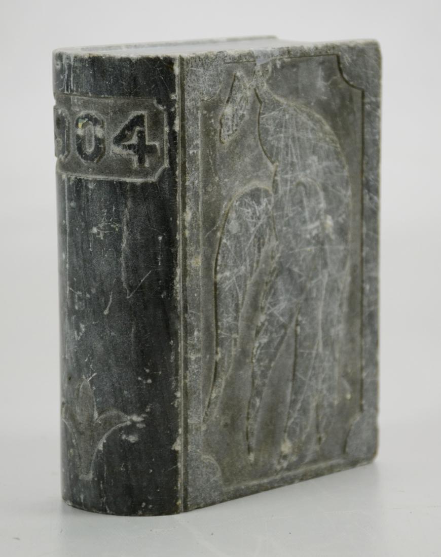 Carved Stone Memorial Stone Book: Carved stone memorial stone book decorated with dove and olive branch, initials "SH" surrounded by wreath, dated 1904 on spine, 5-3/4"h