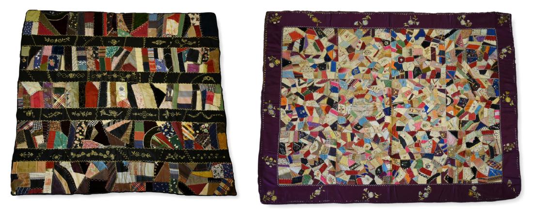 (2) Crazy Quilts: (2) Crazy Quilts, 61.5" x 59" and 63" x 50" crib quilt with hand floral stitching, crib quilt with significant losses