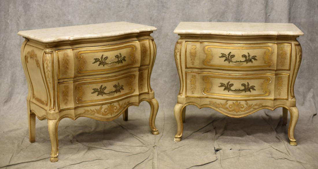Pair John Widdicomb Louis XV style marble top bombe: Pair John Widdicomb Louis XV style marble top bombe commodes, scalloped beveled edge marble, cream painted with gilt highlights, two drawers, shell and floral decoration, 28-1/2" h x 31" w x 16" d