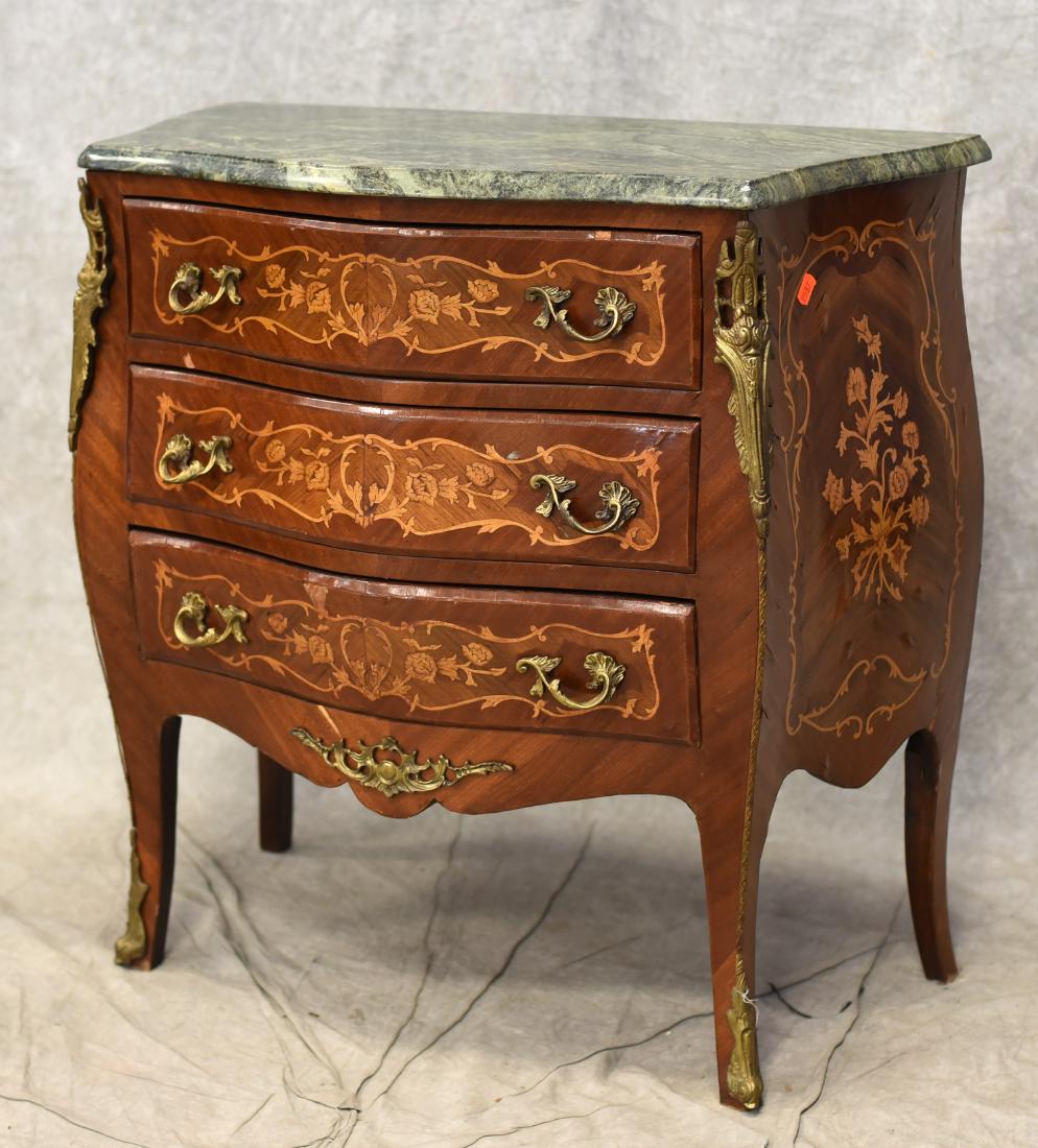 Louis XV style marble top inlaid bombe commode: Louis XV style marble top inlaid bombe commode, verdigris marble top, floral inlay, three drawers, metal mounts and hardware, 32" h x 32" w x 16" d