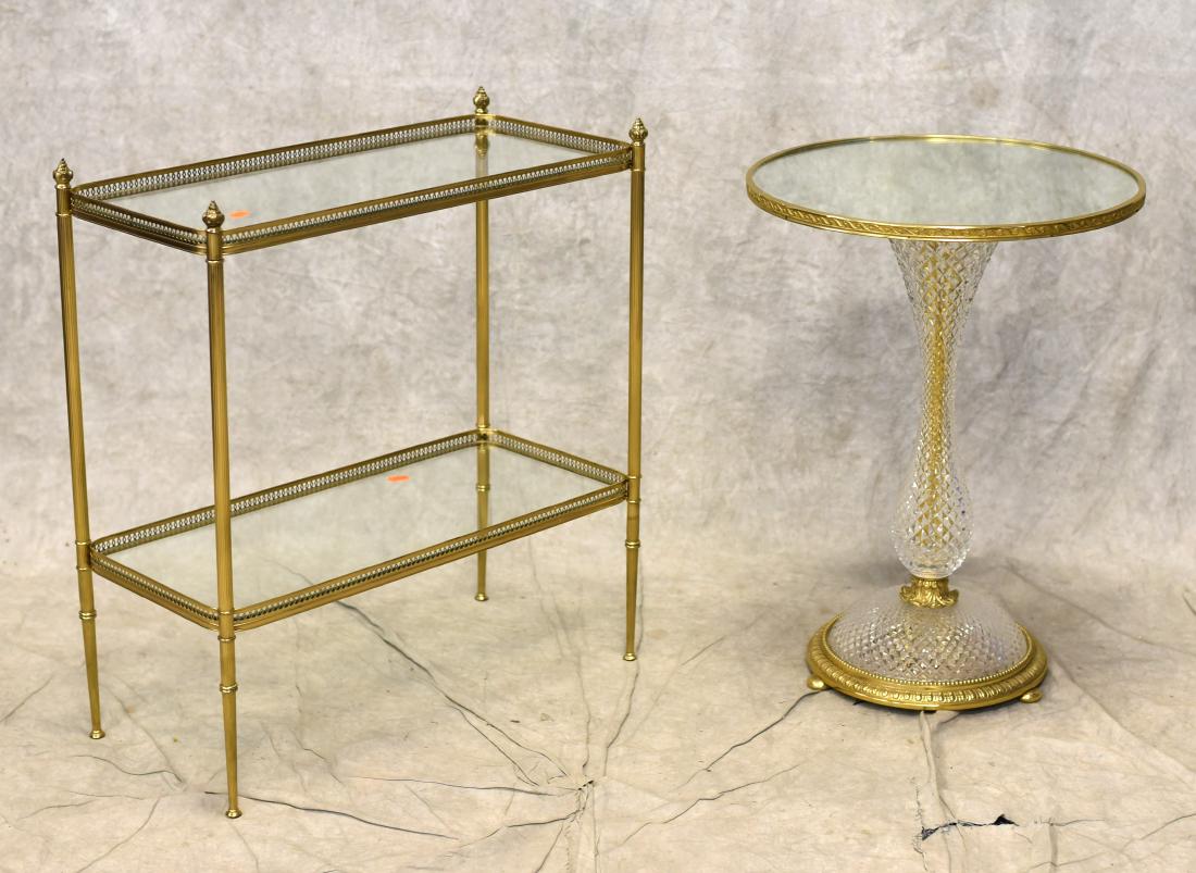 Glass & brass mirrored top round table, tea cart: Cut glass & brass round mirrored top side table, along with a brass and glass tea cart, tea cart 27" h x 24" w x 12" d