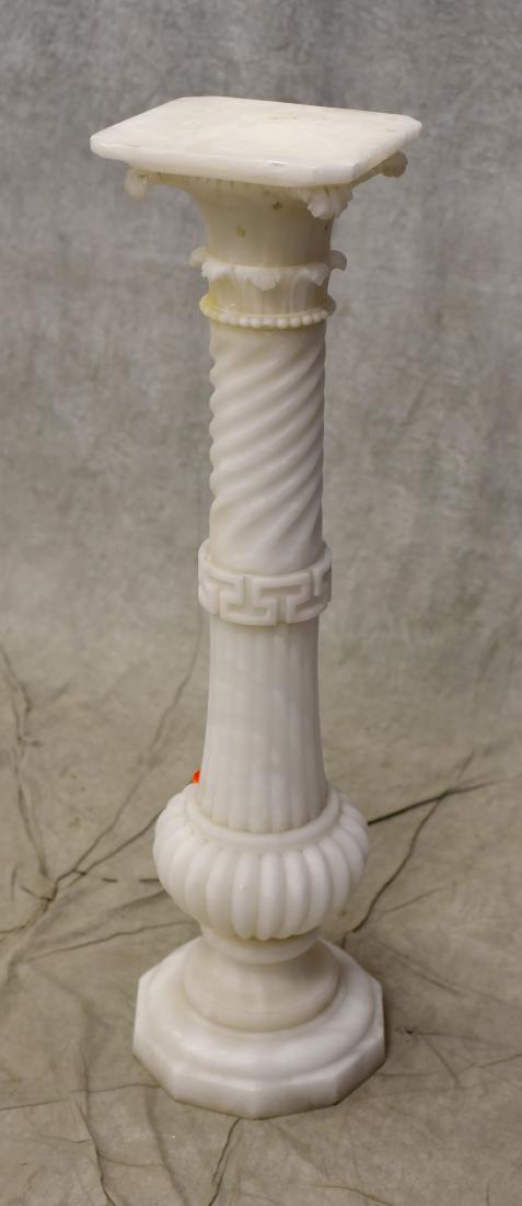 Alabaster pedestal: Alabaster pedestal, acanthus leaf decoration over a turned and reeded pedestal, repair to one corner, 40-1/2" h
