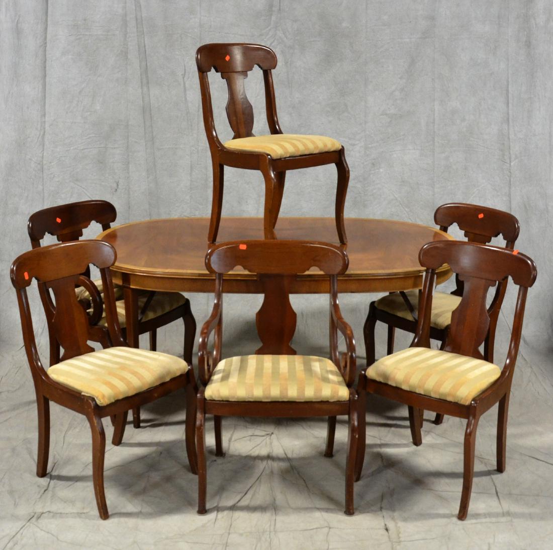 (7) pc Hickory Chair Co dining set: (7) pc Hickory Chair Co dining set, American circa 1940's, c/o dining table, 4 side chairs, 2 armchairs, James River Collection, table 29" h x 43-3/4" w x 66" d, one leaf included