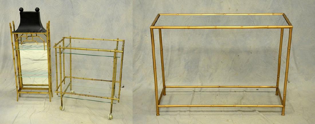 (3) Faux bamboo decorative items: (3) Faux bamboo decorative items, c/o gilt painted faux bamboo console table with mirrored glass top, brass faux bamboo two tier tea cart w/ glass shelves, Labarge faux bamboo hanging shelf, 28"h x 38