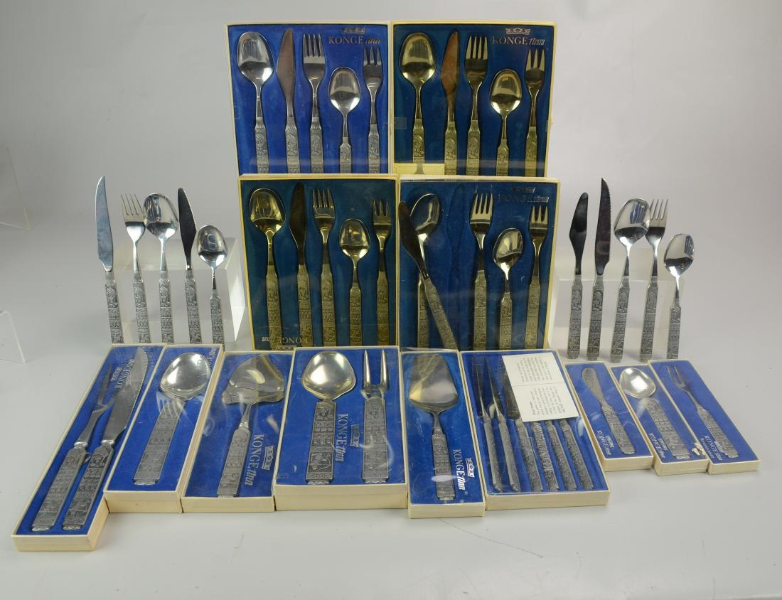 (42) Piece Konge Tinn Pewter Flatware Set Made in: (42) Piece Konge Tinn Pewter Flatware Set Made in Norway Including (4) Sets of Table Spoon, Dinner Fork, Tea Spoon, Fork In Box, (6) Steak Knives in Box, (1) Serving Fork and (1) Serving Spoon in Box,
