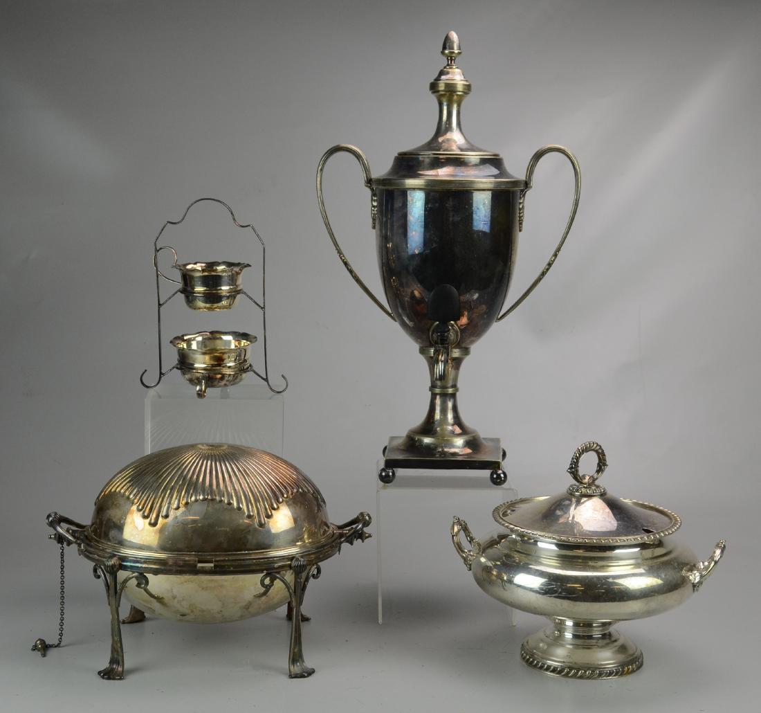 Silverplate Items Including Samovar and Food Warmer: Silverplate Including Coffee Tea Samovar, Mappin and Webbs Warmer with Revolving Dome, Tureen, Sugar and Creamer on Stand