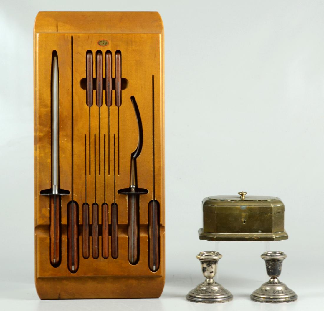 Weighted Sterling Candle Holders: Pr weighted sterling silver candleholders, Case XX knife set (8 steak knives, The Master's Knife, 2-pc carving set, sharpener), brass box