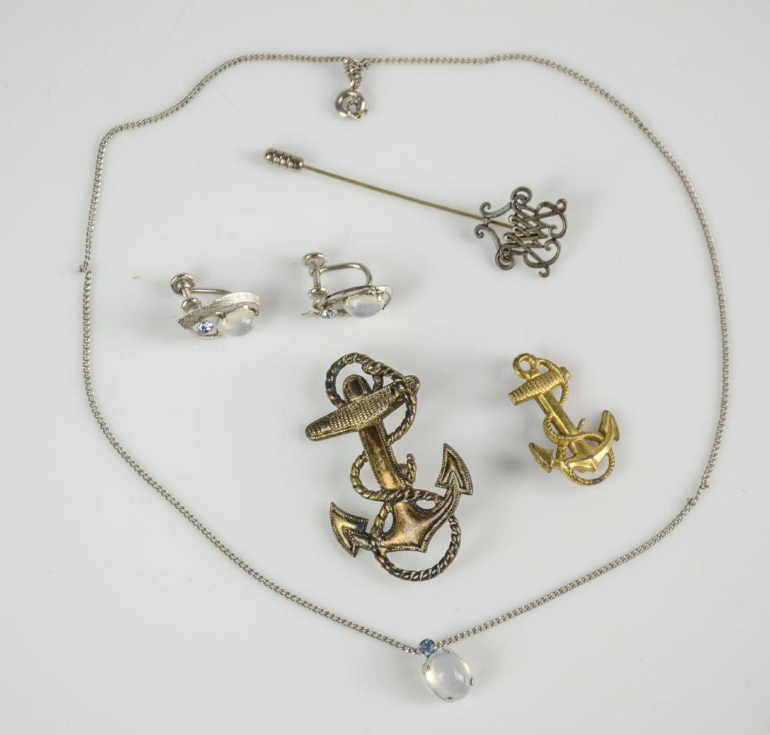 Sterling Silver Jewelry: Sterling Silver Jewelry Including Van Dell Moonstone Pendant and Earrings, Sterling Stick Pin, US Navy Pin, Anchor Pin (0.6 TO Total Weight)
