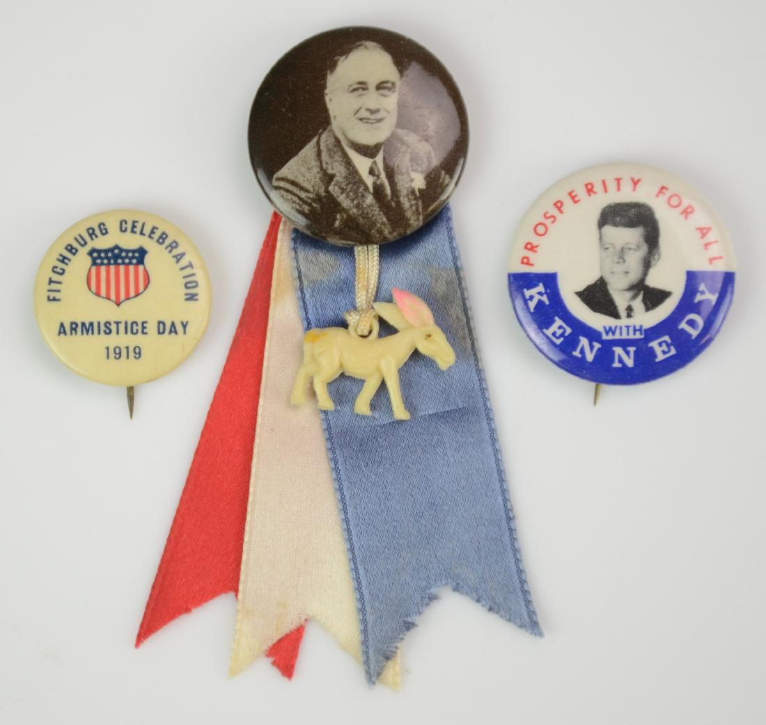 (3) Political Button Pins: (3) Political pinback buttons, c/o Franklin Roosevelt (FDR) with red, white & blue ribbons & plastic donkey, Fitchburg Celebration Armistice Day 1919, Prosperity for all with Kennedy, longest 3-3/4" i