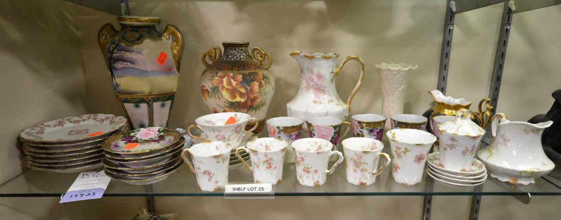 Shelf #23 - Nippon and Limoges Porcelain: Shelf #23 - Nippon Vases, Nippon Plates and Cups, Limoges Creamer, Plates and Cups