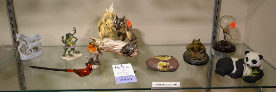 Shelf #29 - Animal Figurines: Shelf #29 - Animal Figurines Including Dancing Frog Couple, Rock Painted with Bird Signed Jeanette Hammond, Stratford Upon Avon Frog, Golden Crown E&R Italy Squirrels, Pair of Horses, Aynsley panda, L