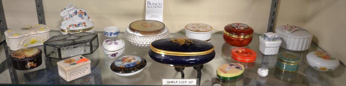 Shelf #37 - Dresser Boxes: Shelf #37 - Lot of boxes, including Limoges, Hammersley, Royal Worcester, stone, tin, porcelain,glass