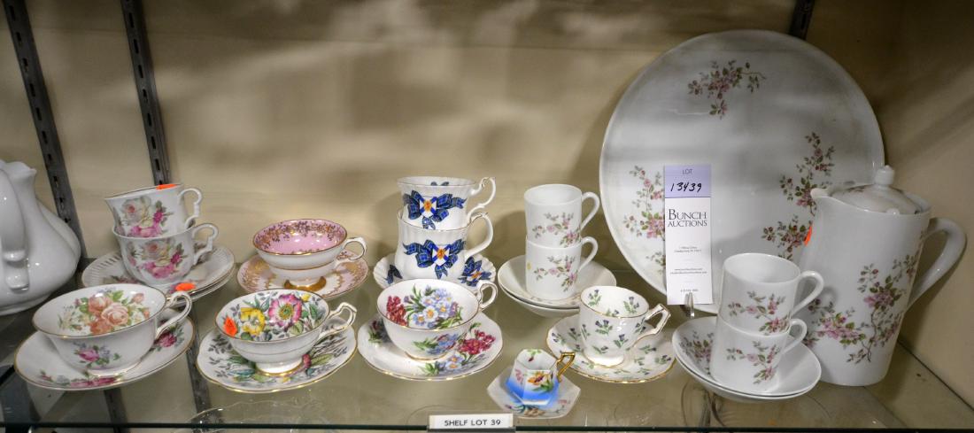 Shelf #39 - Porcelain Dinnerware: Shelf #39 - Porcelain dinnerware, c/o Limoges chocolate set, (8) teacup & saucer sets, including Aynsley, Royal Albert, Grosvenor, Rosina, Royal Standard, Schwarzenhammer