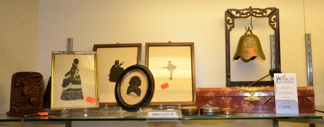 Shelf #41 - Brass Compasses and Silhouettes: Shelf #41 - Asian Brass Bell on Stand, Jewelry Box with Man Playing Mandolin, CJO Judd Dog Bookends, (2) Brass Compasses, Stanley Tape Measure, (4) Silhouettes Including George Washington and Two Sign
