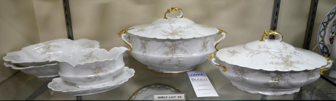 Shelf #43 - 5 Pcs Rosenthal Sevres: Shelf #42 - (5) Pcs Rosenthal Sevres porcelain dinnerware, white flowers with gold trim, c/o tureen, covered vegetable, 2 oval bowls (one with chip & hairline), gravy with under tray