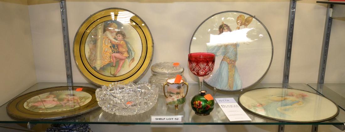 Shelf #52 - Flue Covers, Porcelain: Shelf #52 - (4) Flue Covers of Women and Children, ruby cut to clear goblet, enameled miniature vase, cut glass dresser box, cut glass bowl, Nippon 3-handled toothpick