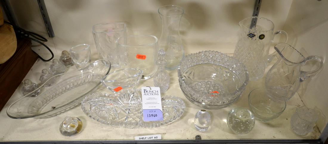 Shelf #60 - Crystal and Cut Glass: Shelf #60 - Royal Brierley Crystal Pitcher, Kjellander Crystal Vase, Ekenas Vase, Poltar Crystal Toothpick Holder, Cut Glass Bowl, Tray, Salt and Pepper Shakers, Royal Doulton Vase, Apple Paperweight,